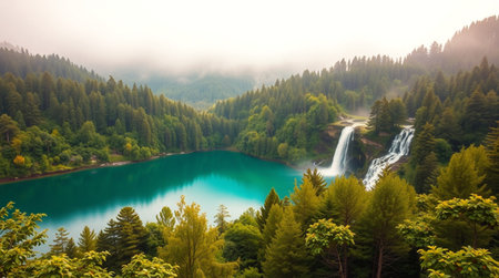 Beautiful mountain lake with waterfall in the morning fog. Summer landscapeの写真素材