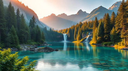Beautiful alpine landscape with mountain lake and forest at sunset.の写真素材