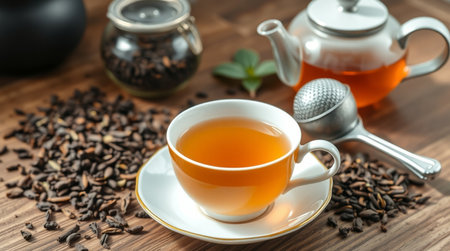 Cup of tea and teapot on wooden table, closeupの写真素材