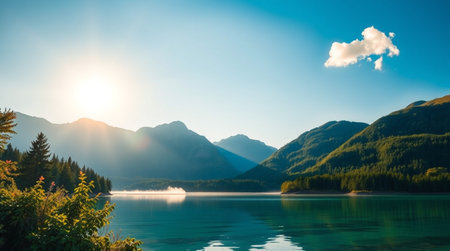 Beautiful alpine lake in mountains at sunrise. Dramatic and picturesque scene.の写真素材
