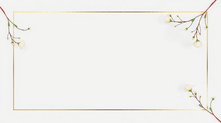 Flowers on white background with golden frame. Flat lay, top viewの写真素材