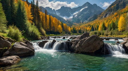 Beautiful autumn alpine landscape with mountain river and yellow forest.の写真素材