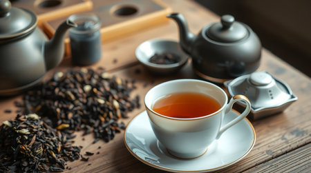 Cup of tea with teapot and cups on wooden table