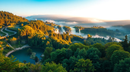 Panoramic aerial view of the waterfall in the misty morning