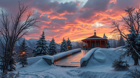 Gazebo in the winter forest at sunset. Sochi, Russiaの写真素材