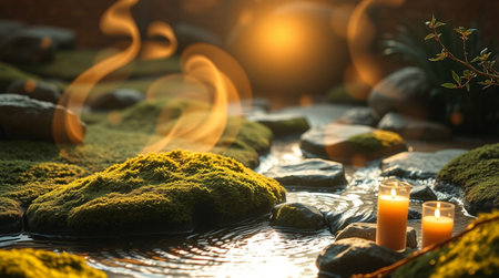 Beautiful green mossy stones with burning candles in water. Zen conceptの写真素材