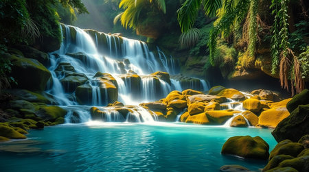 Waterfall in deep rain forest. Beautiful waterfall in tropical forest.の写真素材