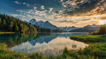 Panoramic view of alpine lake Eibsee at sunset, Bavaria, Germanyの写真素材