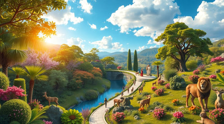 3D rendering of a beautiful fantasy garden with trees, flowers and animalsの写真素材