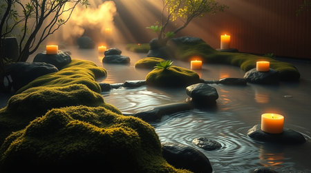 3d rendering of fantasy garden with candles and stones in the waterの写真素材