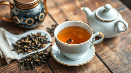 tea cup and teapot on wooden table, stock photo