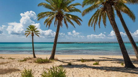 Palm trees on a tropical beach with a pier in the backgroundの写真素材