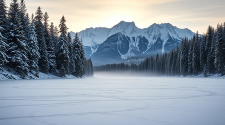 Beautiful winter landscape with frozen lake and mountains in the background.の写真素材