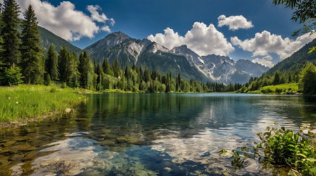 Panoramic view of alpine lake in the Austrian Alps.の写真素材