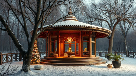3d rendering of a gazebo in the winter forestの写真素材