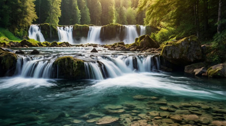Waterfall in the forest in the mountains. Beautiful summer landscape.