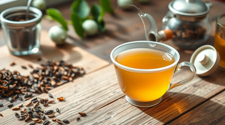 Cup of tea on wooden table, closeup.の写真素材
