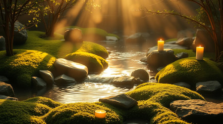 Zen garden with candles and stones in the water at sunset. 3d renderingの写真素材