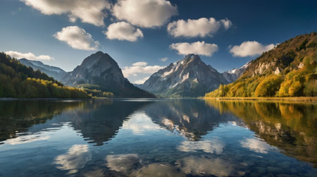 Reflection of the mountains in the lake, Bavaria, Germanyの写真素材