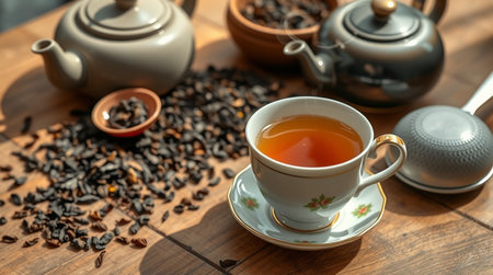 Cup of tea and teapot on wooden table, closeupの写真素材