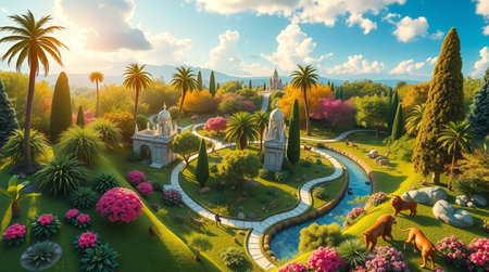 Fantasy landscape with park and beautiful flowers. 3d illustration.の写真素材