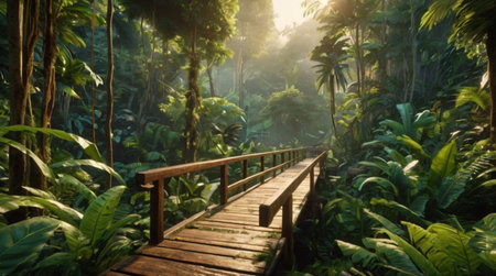Wooden walkway in tropical rainforest with green plants and sunlightの写真素材