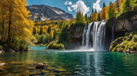 Panoramic view of the beautiful waterfall in the autumn forest.