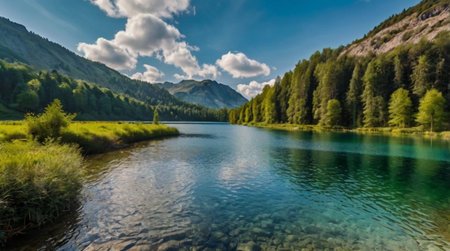 Panorama of a beautiful mountain lake in the Carpathian Mountains