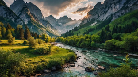 Panorama of the mountain river in the valleyの写真素材