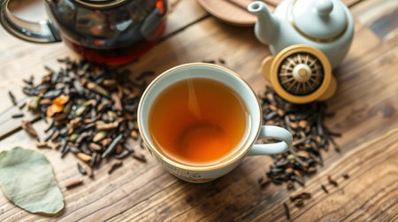 Cup of tea and teapot on wooden table, closeup