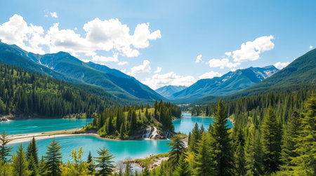 Panoramic view of turquoise mountain lake and pine forest in summer