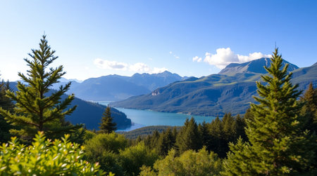 Panoramic view of the lake and mountains in the Swiss Alps