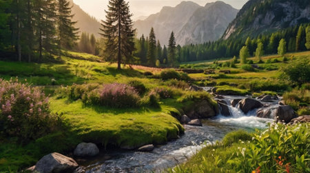 Mountain river in the Dolomites at sunrise, Italy.の写真素材