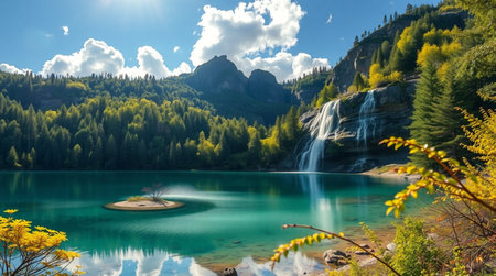 Beautiful view of the mountain lake with waterfall in the autumn forestの写真素材