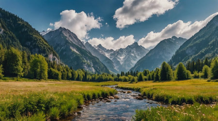 Panoramic view of a mountain river in the valley. Summer landscape.の写真素材