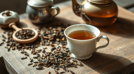 Cup of tea and teapot on wooden table, closeup