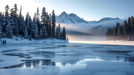 Beautiful winter landscape with frozen lake and mountains in the background.の写真素材