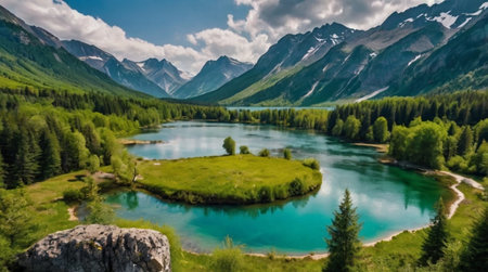 Panoramic view of the turquoise lake in the mountainsの写真素材