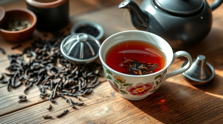 Teapot and cup of black tea on wooden table, closeupの写真素材
