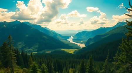 Panoramic view of the lake in the mountains. Beautiful summer landscape.の写真素材
