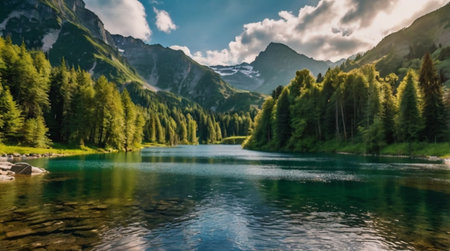Panoramic view of the mountain lake in the Alps
