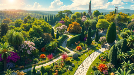Aerial view of beautiful garden with blooming flowers and trees.の写真素材
