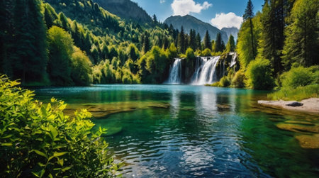 Panoramic view of a beautiful mountain lakeの写真素材