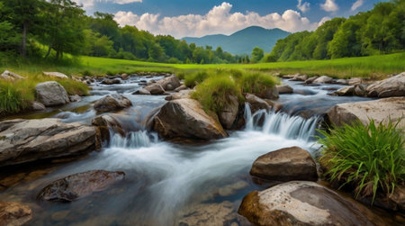 Long exposure of a mountain river flowing through a lush green meadow
