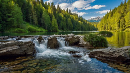 Beautiful mountain landscape with a mountain river and forest on the background