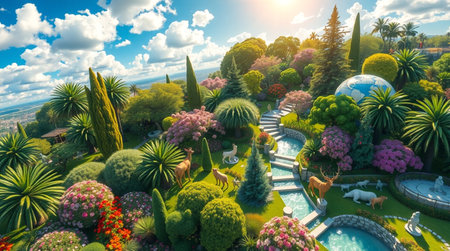 3d render of a beautiful garden with trees and flowers in summerの写真素材