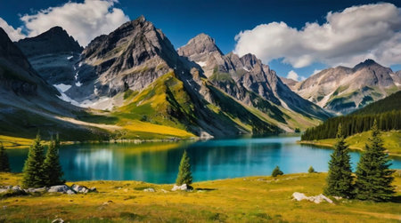 Beautiful lake in the mountains of the Dolomites, Italyの写真素材