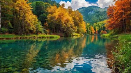 panoramic view of alpine lake in autumn with colorful forestの写真素材