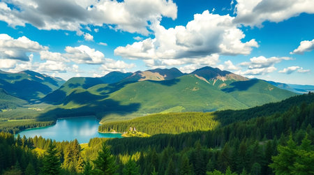 Panoramic view of the lake in the mountains. Carpathians, Ukraine.