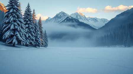 Foggy winter landscape with snow covered fir trees in mountains.の写真素材